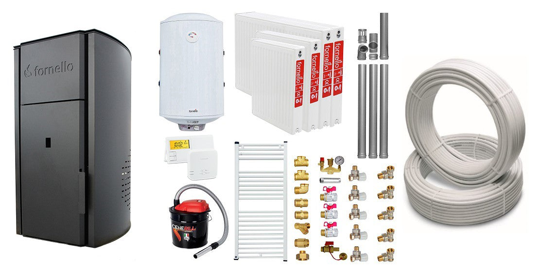 Pachet Centrala pe peleti Fornello Royal B 25 kw, complet echipata pentru incalzire, pompa circulatie, teava hidronix, vas expansiune, automatizare, kit evacuare 3.5 ml, Boiler Termoelectric Fornello 100 l, Termostat Salus 091FLRFV2, Aspirator, Radi