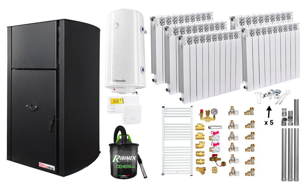 Pachet Centrala peleti Fornello Royal B 25 kw, complet echipata pentru incalzire, pompa circulatie, vas expansiune, automatizare, Calorifere aluminiu Fornello Alvo, Boiler, kit evacuare 3.5 ml, Aspirator Cenusa, Termostat Salu si Fitinguri