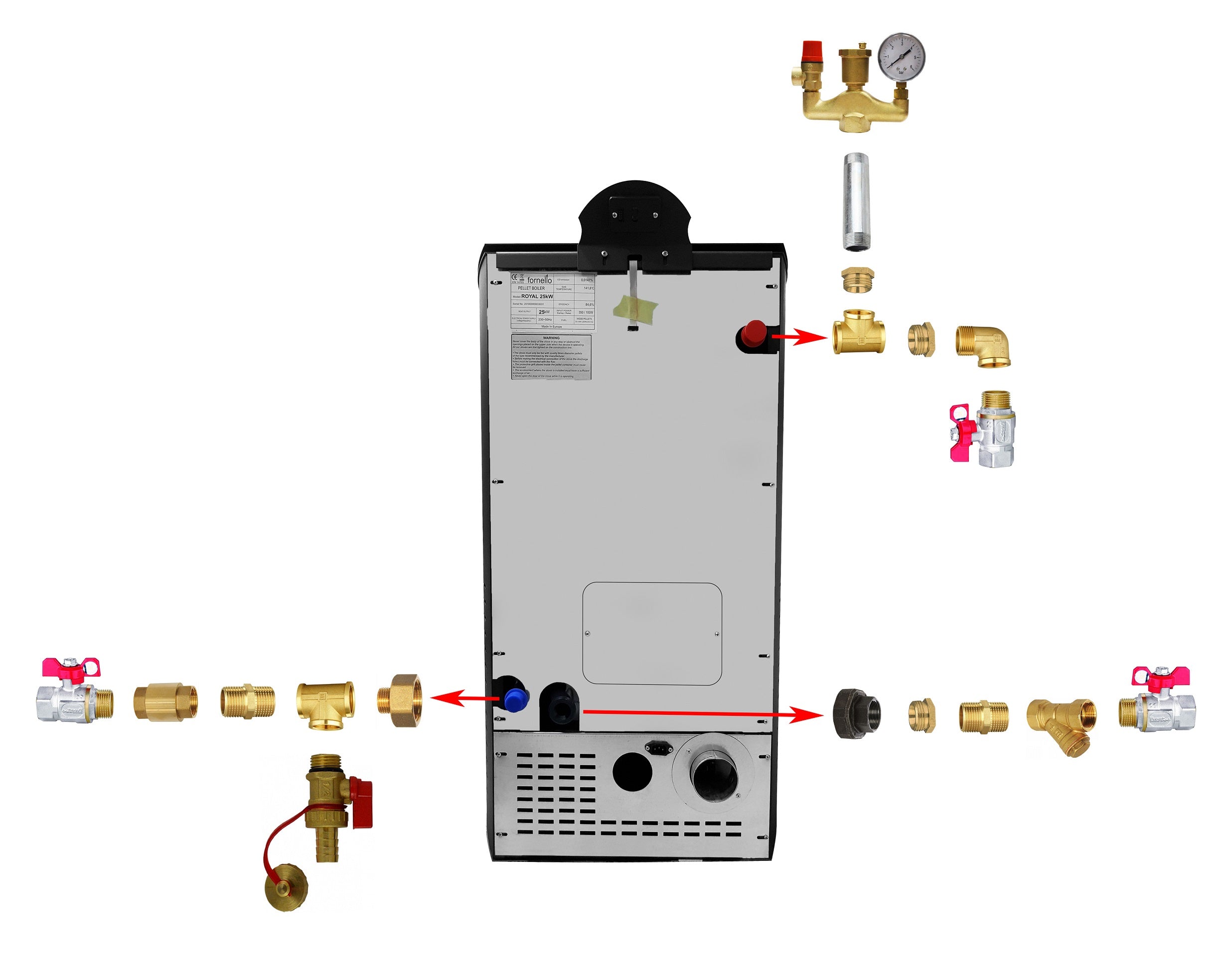 Pachet Centrala pe peleti Fornello Royal Black 30 kw, complet echipata pentru incalzire, pompa circulatie, vas expansiune, automatizare, kit evacuare 3.5 ml, Boiler Termoelectric Fornello 100 l, Termostat Salus 091FLRFV2, Aspirator si kit montaj