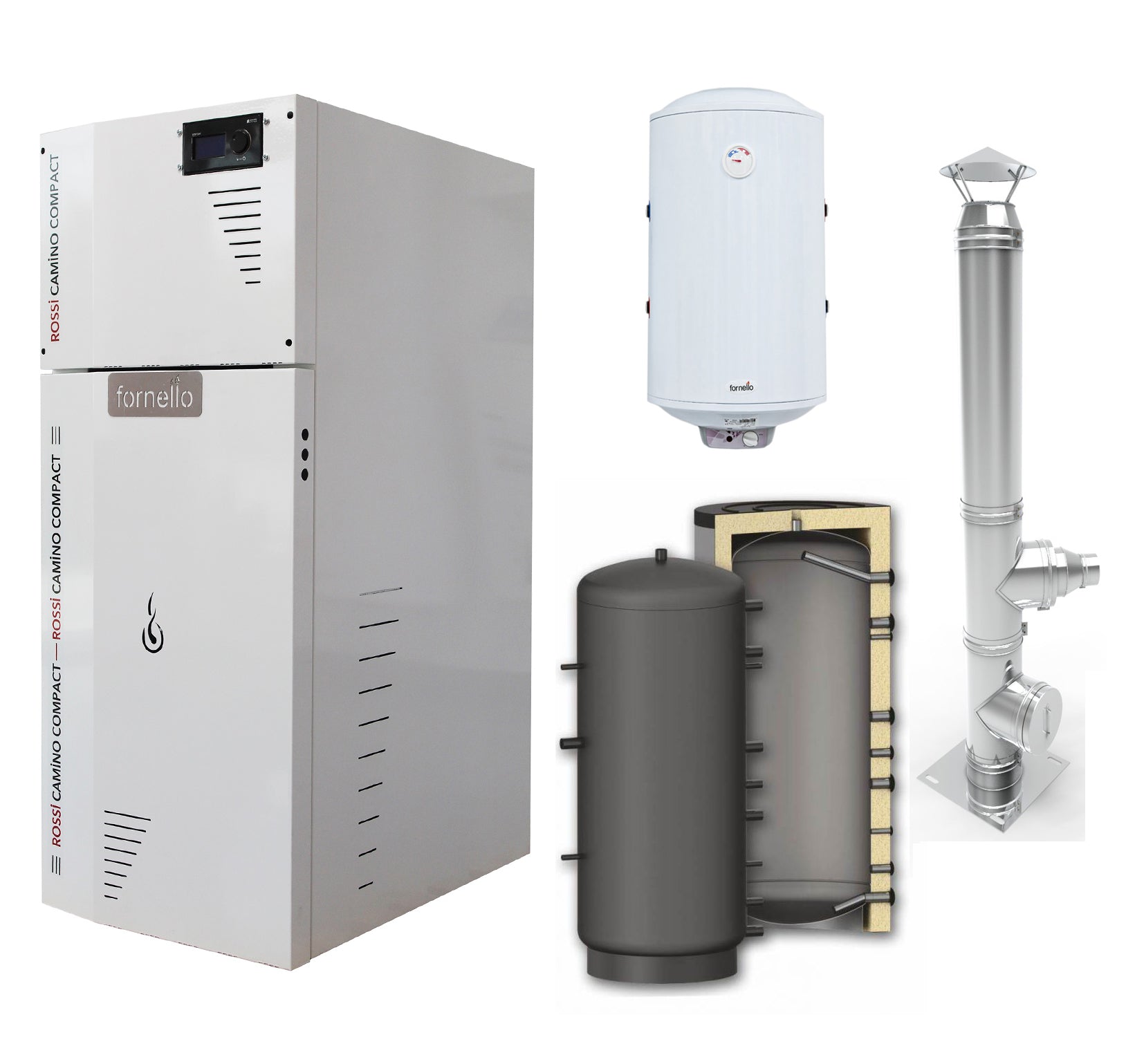 Pachet Centrala termica compacta pe peleti Fornello Rossi Camino Compact 25 kw, pompa de circulatie, vas expansiune, tiraj fortat, Ecodesign, A+, Puffer P 500l, Cos inox 6 ml 120 mm, Boiler Termoelectric Fornello 100l