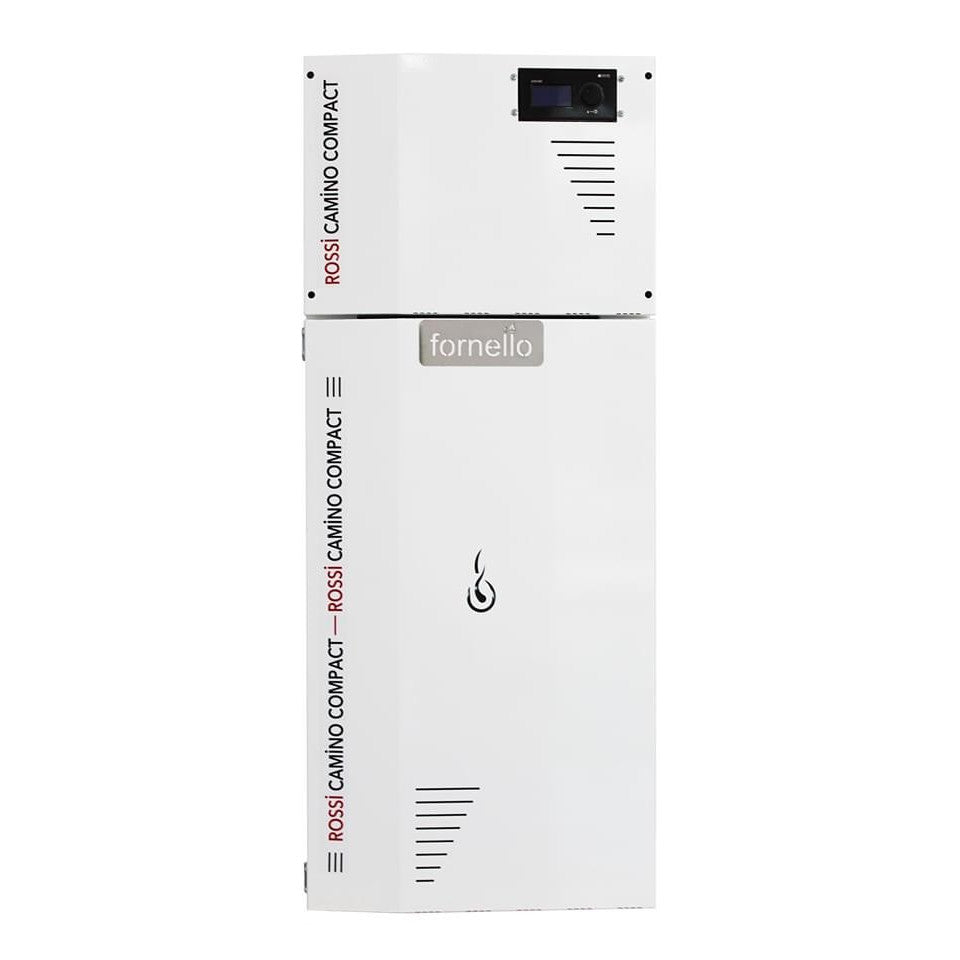 Pachet Centrala termica compacta pe peleti Fornello Rossi Camino Compact 25 kw, pompa de circulatie, vas expansiune, tiraj fortat, Ecodesign, A+, Kit evacuare 3.5 ml, Boiler Termoelectric Fornello 100 l, Termostat Salus 091FLRFV2, Aspirator si Kit mo