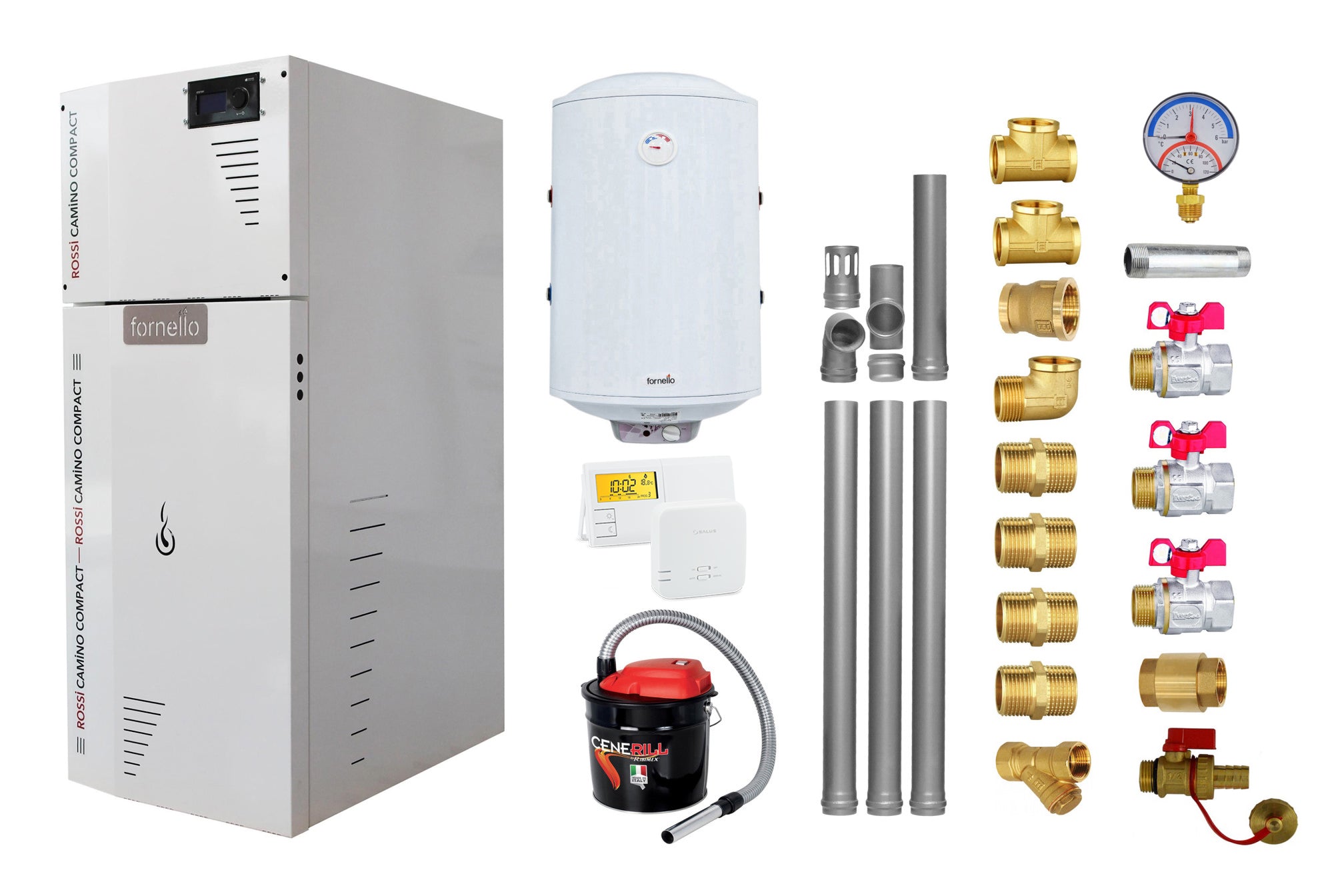 Pachet Centrala termica compacta pe peleti Fornello Rossi Camino Compact 25 kw, pompa de circulatie, vas expansiune, tiraj fortat, Ecodesign, A+, Kit evacuare 3.5 ml, Boiler Termoelectric Fornello 100 l, Termostat Salus 091FLRFV2, Aspirator si Kit mo