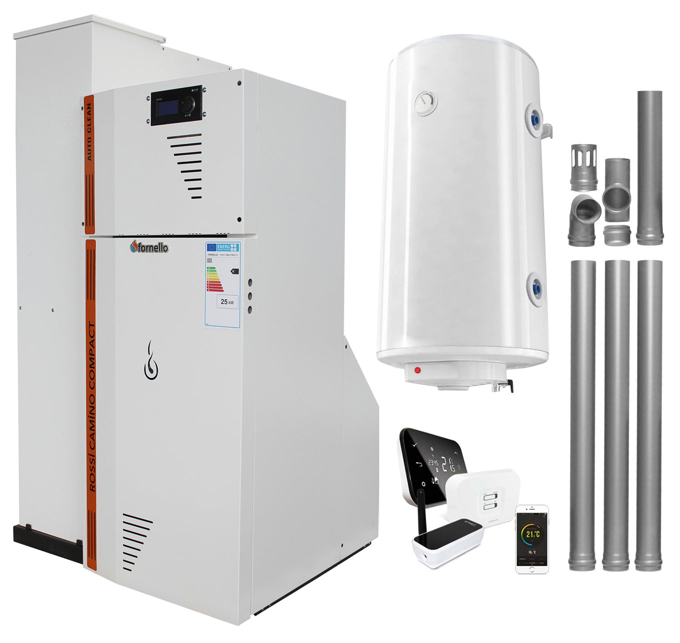 Pachet Centrala termica compacta pe peleti Fornello Rossi Camino Compact Automatic 25 kw, boiler, kit evacuare, pompa de circulatie, vas expansiune, tiraj fortat, curatare automata a arzatorului si a drumurilor de fum, Ecodesign, A+