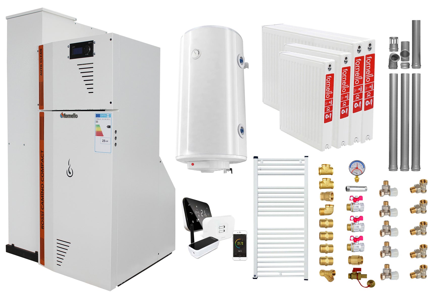 Pachet Centrala termica compacta pe peleti Fornello Rossi Camino Compact Automatic 25 kw, calorifere, boiler, termostat, kit evacuare, fitinguri, pompa de circulatie, vas expansiune, tiraj fortat, curatare automata a arzator si drumuri de fum