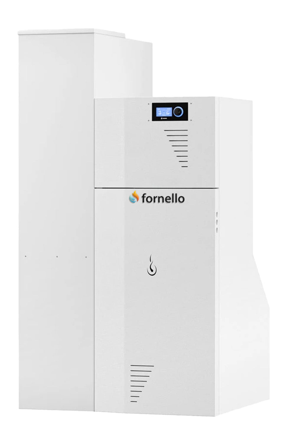 Pachet Centrala termica compacta pe peleti Fornello Rossi Camino Compact Automatic 25 kw, calorifere, boiler, termostat, kit evacuare, fitinguri, pompa de circulatie, vas expansiune, tiraj fortat, curatare automata a arzator si drumuri de fum