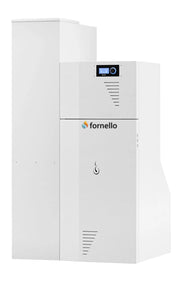 Pachet Centrala termica compacta pe peleti Fornello Rossi Camino Compact Automatic 25 kw, calorifere, boiler, termostat, kit evacuare, fitinguri, pompa de circulatie, vas expansiune, tiraj fortat, curatare automata a arzator si drumuri de fum