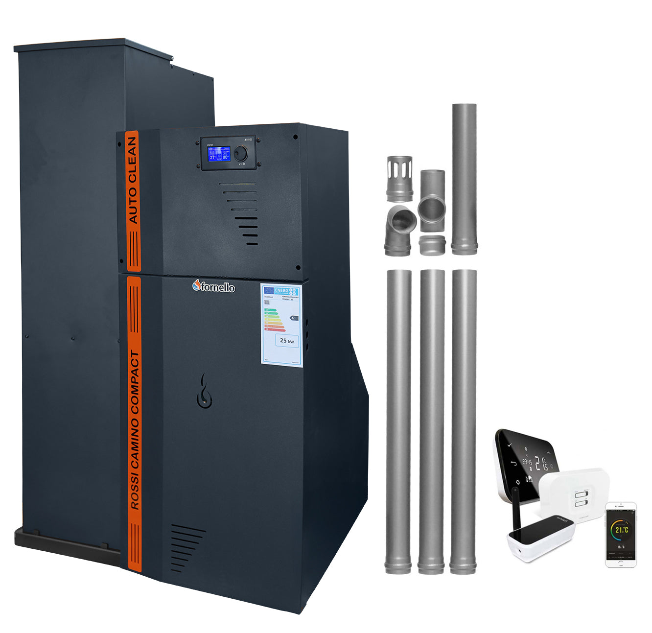 Pachet Centrala termica compacta pe peleti Fornello Rossi Camino Compact Automatic 25 kw, termostat, kit evacuare, pompa de circulatie, vas expansiune, tiraj fortat, curatare automata a arzatorului si a drumurilor de fum,culoare antracit, Ecodesign,