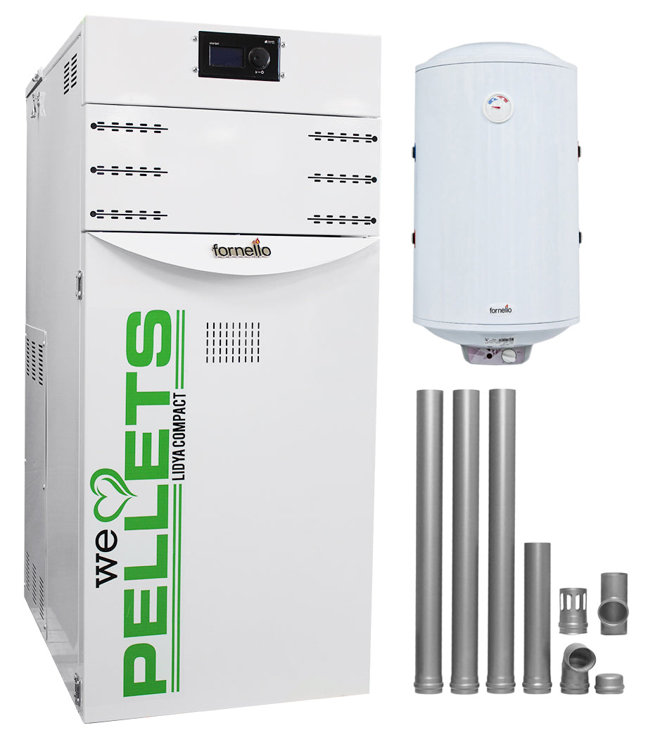 Pachet Centrala termica pe peleti Fornello Lidya Compact 25 kw, echipata cu pompa electronica Grundfos, vas expansiune, manometru, aerisitor, supapa, arzator inox, A+, Boiler Termoelectric Fornello 100l si kit evacuare 80 mm, 3,5 metri