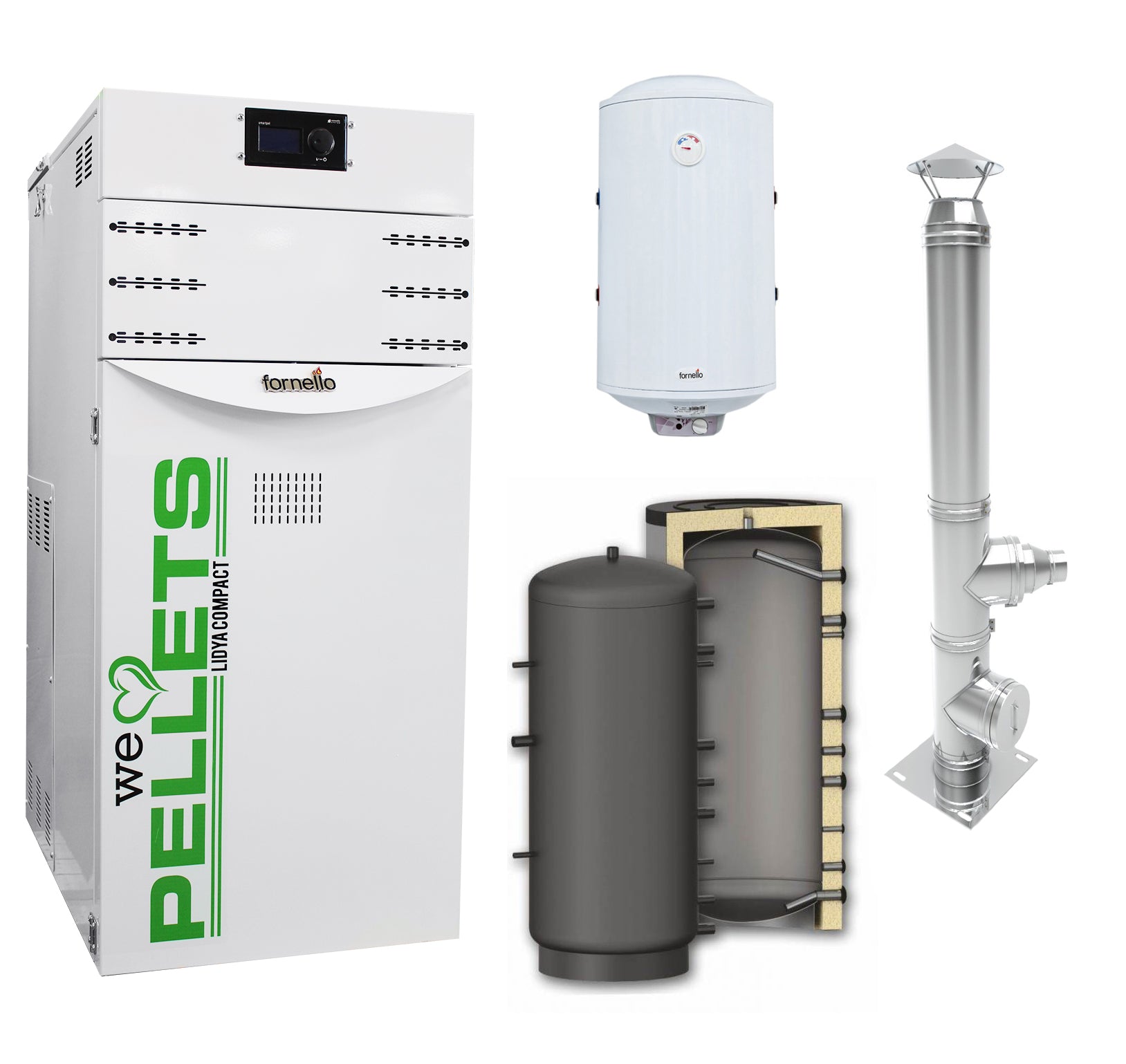 Pachet Centrala termica pe peleti Fornello Lidya Compact 25 kw, echipata cu pompa electronica Grundfos, vas expansiune, manometru, aerisitor, supapa, arzator inox, A+, Puffer P 500l, Cos inox 6 ml 120 mm, Boiler Termoelectric Fornello 10