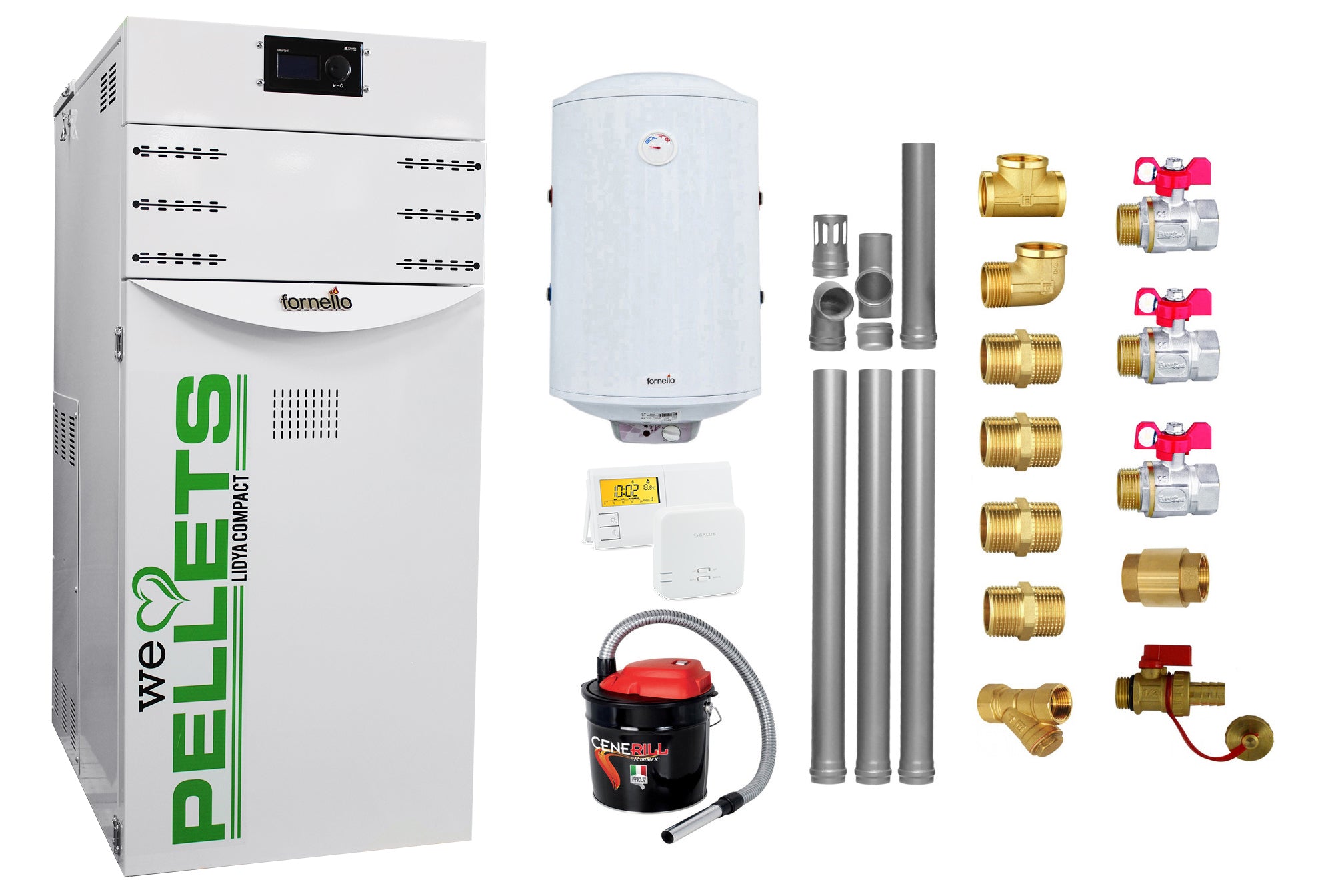 Pachet Centrala termica pe peleti Fornello Lidya Compact 25 kw, pompa Grundfos, arzator inox, curatare mecanica arzator si schimbator, A+, Kit evacuare 3.5 ml, Boiler Fornello 100 l, Termostat Salus 091FLRFV2, Aspirator si Kit montaj