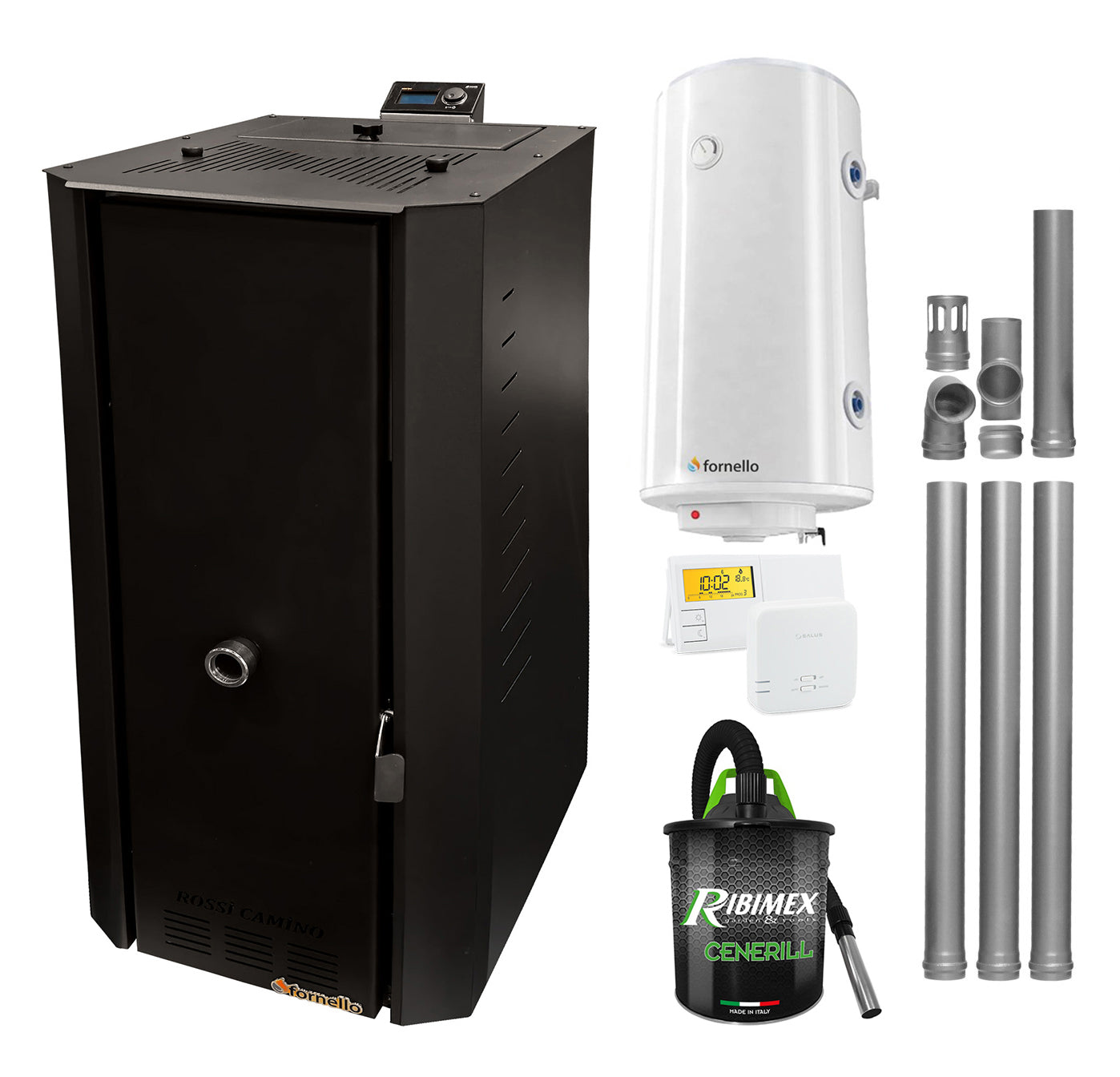 Pachet Centrala termica pe peleti Fornello Rossi B Black 25 kw, pompa de circulatie, vas expansiune, tiraj fortat, Ecodesign, A+, Boiler Termoelectric Fornello 100 l, Termostat Salus 091FLRFV2, Aspirator si Kit evacuare 3.5 ml