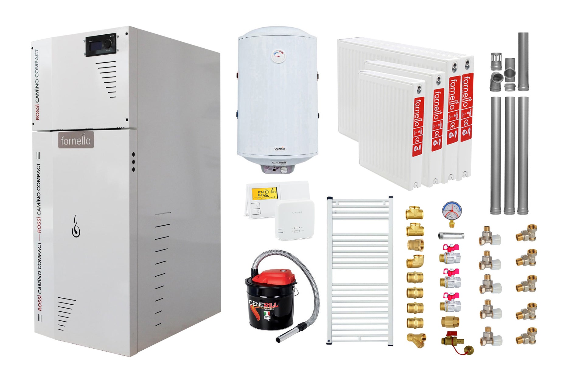 Pachet Centrala termica pe peleti Fornello Rossi Camino Compact 25 kw, pompa de circulatie, vas expansiune, tiraj fortat, Ecodesign, A+, Kit evacuare 3.5 ml, Boiler Termoelectric Fornello 100 l, Termostat Salus 091FLRFV2, Aspirator, Radiatoare si Kit
