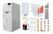 Pachet Centrala termica pe peleti Fornello Rossi Camino Compact 25 kw, pompa de circulatie, vas expansiune, tiraj fortat, Ecodesign, A+, Kit evacuare 3.5 ml, Boiler Termoelectric Fornello 100 l, Termostat Salus 091FLRFV2, Aspirator, Radiatoare si Kit