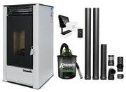 Pachet complet pentru incalzire cu control de la distanta format din Semineu (Soba) pe Peleti cu aer cald Fornello Air SmartPell 11 KW, culoare White, termostat ambiental Salus IT 500, aspirator de cenusa si kit de evacuare 2,5 metri