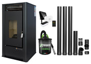 Pachet complet pentru incalzire cu control de la distanta format din Semineu (Soba) pe Peleti cu aer cald Fornello Air SmartPell 11 KW, culoare Black, termostat ambiental Salus IT 500, aspirator de cenusa si kit de evacuare 3,5 metri