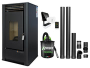 Pachet complet pentru incalzire cu control de la distanta format din Semineu (Soba) pe Peleti cu aer cald Fornello Air SmartPell 11 KW, culoare Black, termostat ambiental Salus IT 500, aspirator de cenusa si kit de evacuare 2,5 metri