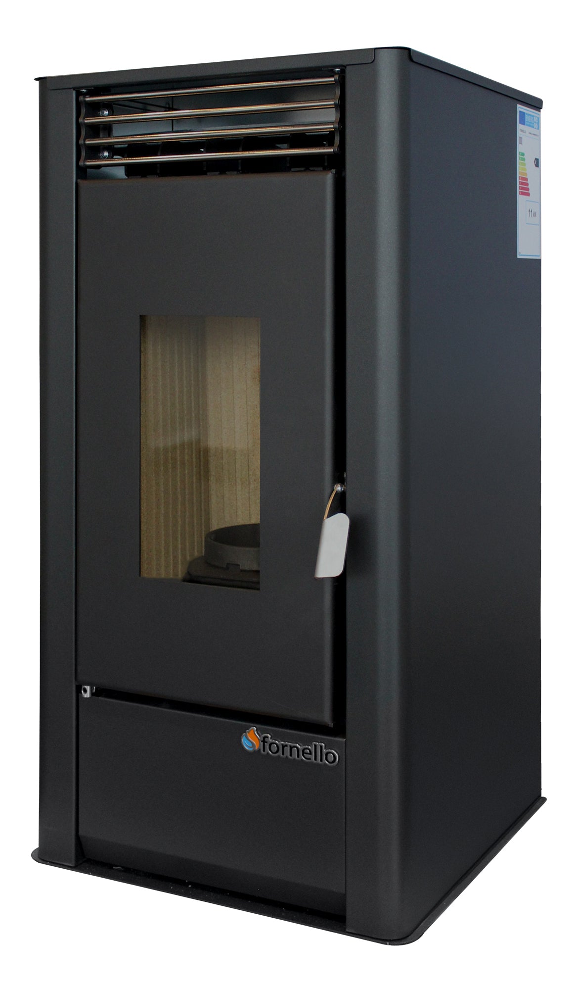 Pachet complet pentru incalzire cu control de la distanta format din Semineu (Soba) pe Peleti cu aer cald Fornello Air SmartPell 11 KW, culoare Black, termostat ambiental Salus IT 500, aspirator de cenusa si kit de evacuare 2,5 metri