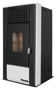 Pachet complet pentru incalzire cu control de la distanta format din Semineu (Soba) pe Peleti cu aer cald Magnesia 9 KW, culoare White, termostat ambiental Salus IT 500, aspirator de cenusa si kit de evacuare 3,5 metri