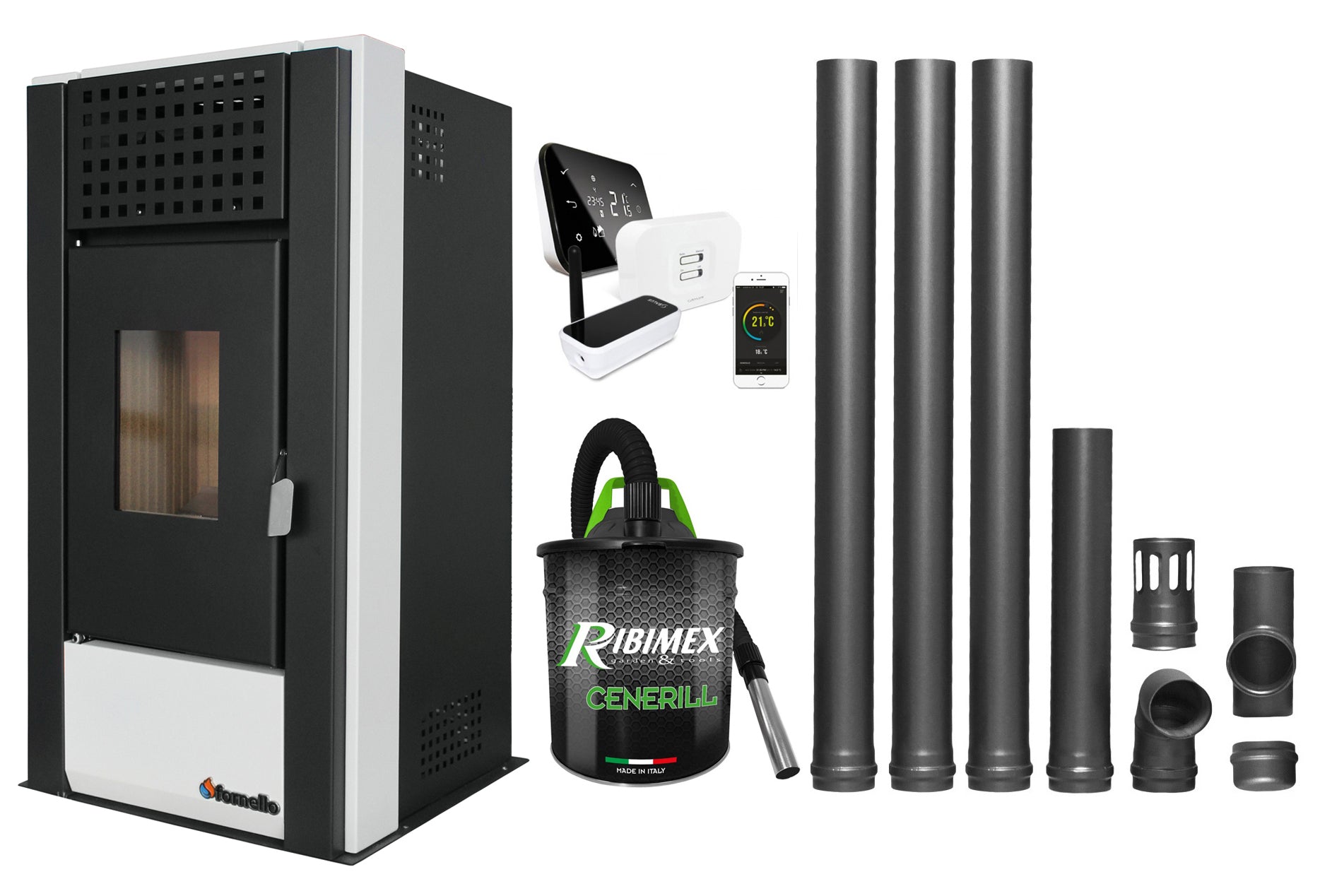 Pachet complet pentru incalzire cu control de la distanta format din Semineu (Soba) pe Peleti cu aer cald Magnesia 9 KW, culoare White, termostat ambiental Salus IT 500, aspirator de cenusa si kit de evacuare 3,5 metri