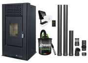 Pachet complet pentru incalzire cu control de la distanta format din Semineu (Soba) pe Peleti cu aer cald Magnesia 9 KW, culoare Black, termostat ambiental Salus IT 500, aspirator de cenusa si kit de evacuare 2,5 metri