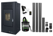 Pachet complet pentru incalzire cu control de la distanta format din Semineu (Soba) pe Peleti cu aer cald Magnesia 9 KW, culoare Black, termostat ambiental Salus IT 500, aspirator de cenusa si kit de evacuare 3,5 metri