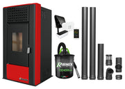 Pachet complet pentru incalzire cu control de la distanta format din Semineu (Soba) pe Peleti cu aer cald Magnesia 9 KW, culoare Bordeaux, termostat ambiental Salus IT 500, aspirator de cenusa si kit de evacuare 2,5 metri