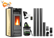 Pachet complet pentru incalzire cu control de la distanta format din Semineu (soba) pe peleti cu tiraj fortat Fornello SOPHIA WI-FI 11 kw, termostat Salus IT 500, aspirator, kit de evacuare 3,5 metri, telecomanda, Wi-fi, culoare Ivory