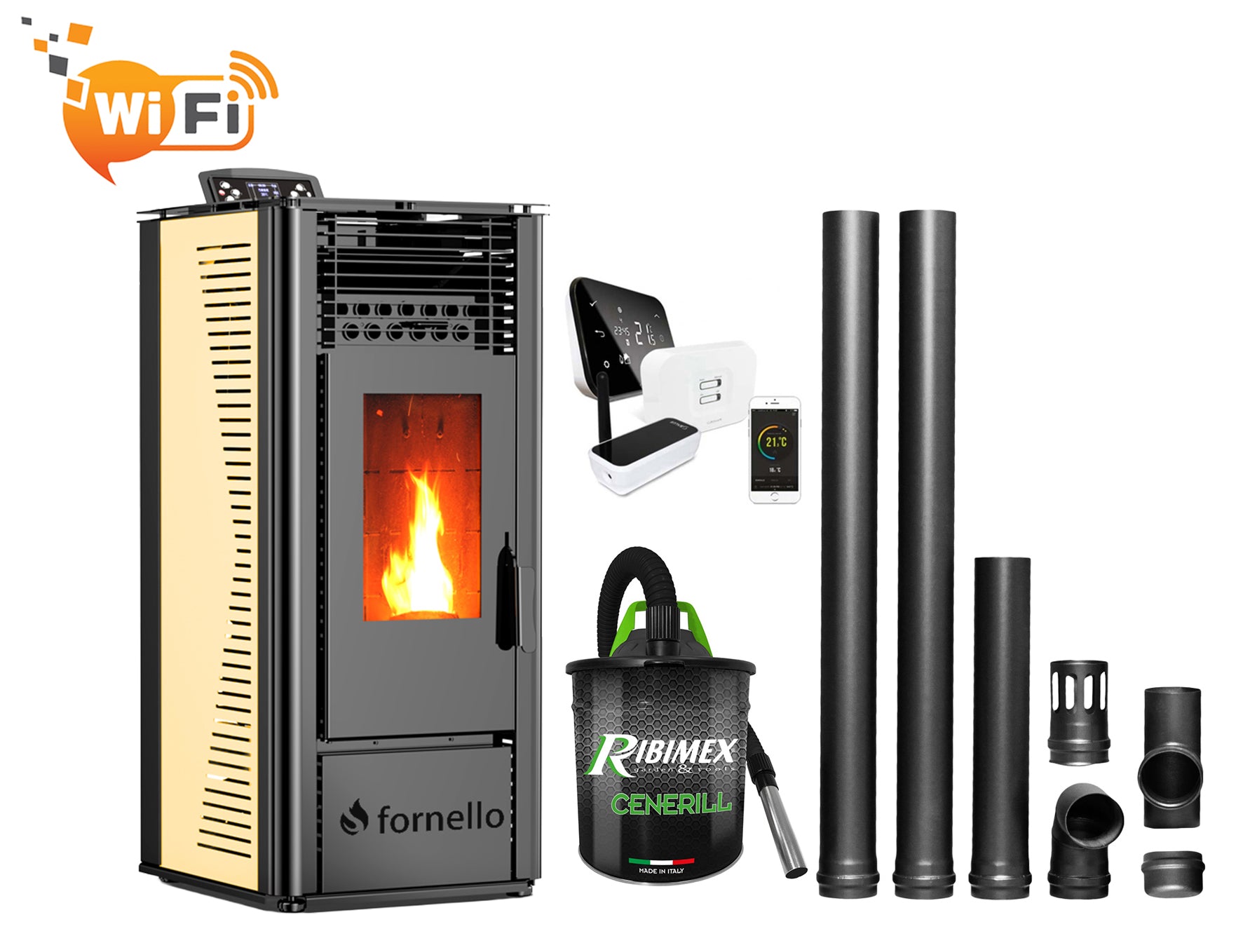 Pachet complet pentru incalzire cu control de la distanta format din Semineu (soba) pe peleti cu tiraj fortat Fornello SOPHIA WI-FI 11 kw, termostat Salus IT 500, aspirator, kit de evacuare 2,5 metri, telecomanda, Wi-fi, culoare Ivory