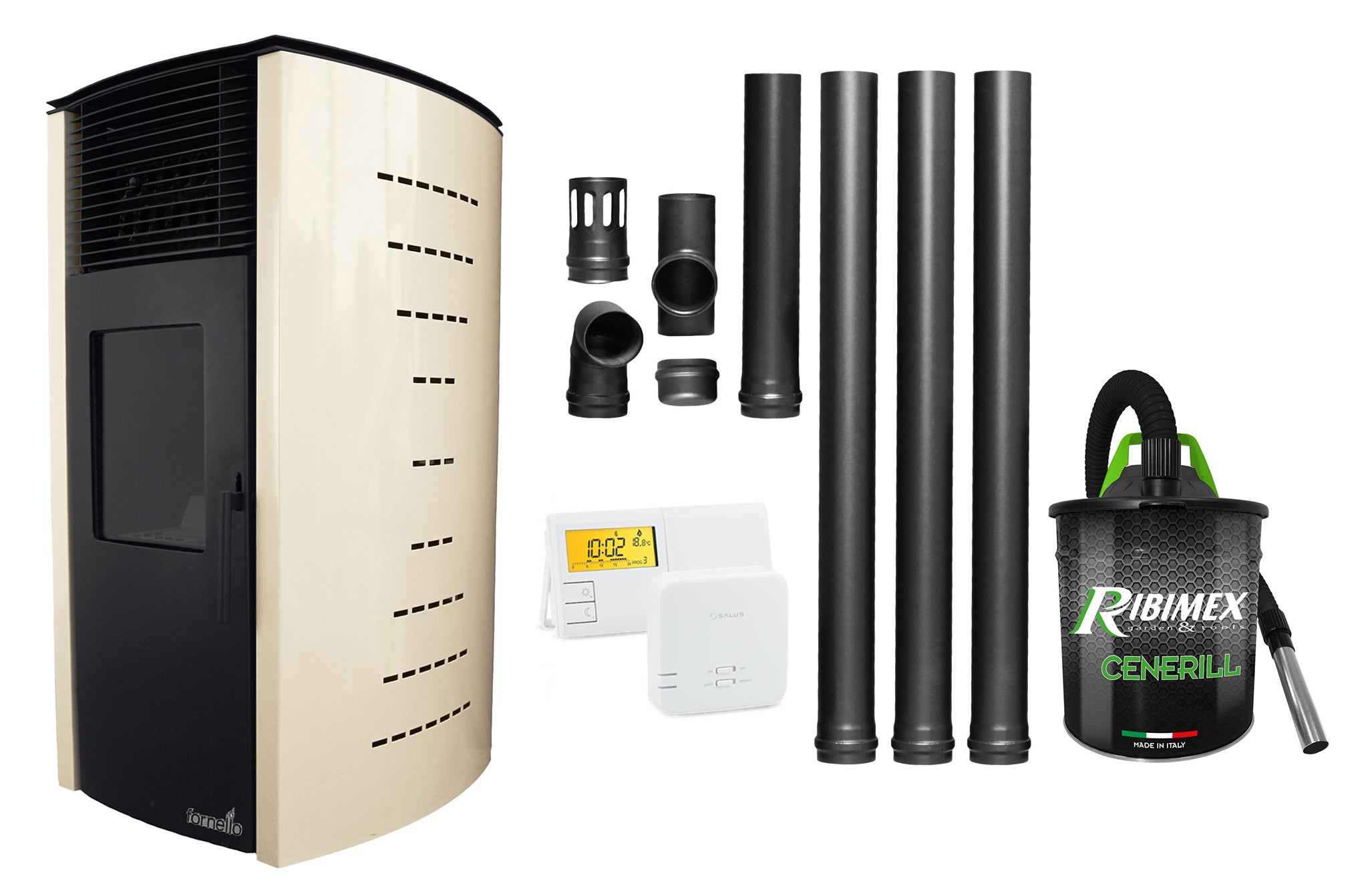 Pachet complet pentru incalzire Semineu (soba) pe peleti cu tiraj fortat Fornello Stela 10 KW, include ventilator aer cald, aprindere electrica, termostat, telecomanda, recomandat pentru 100 mp, Ivory, aspirator de cenusa si kit de evacuare 3,5 metr