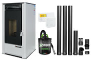Pachet complet pentru incalzire Semineu (Soba) pe Peleti cu aer cald Fornello Air SmartPell 11 KW, culoare White, termostat ambiental, aspirator de cenusa si kit de evacuare 3,5 metri