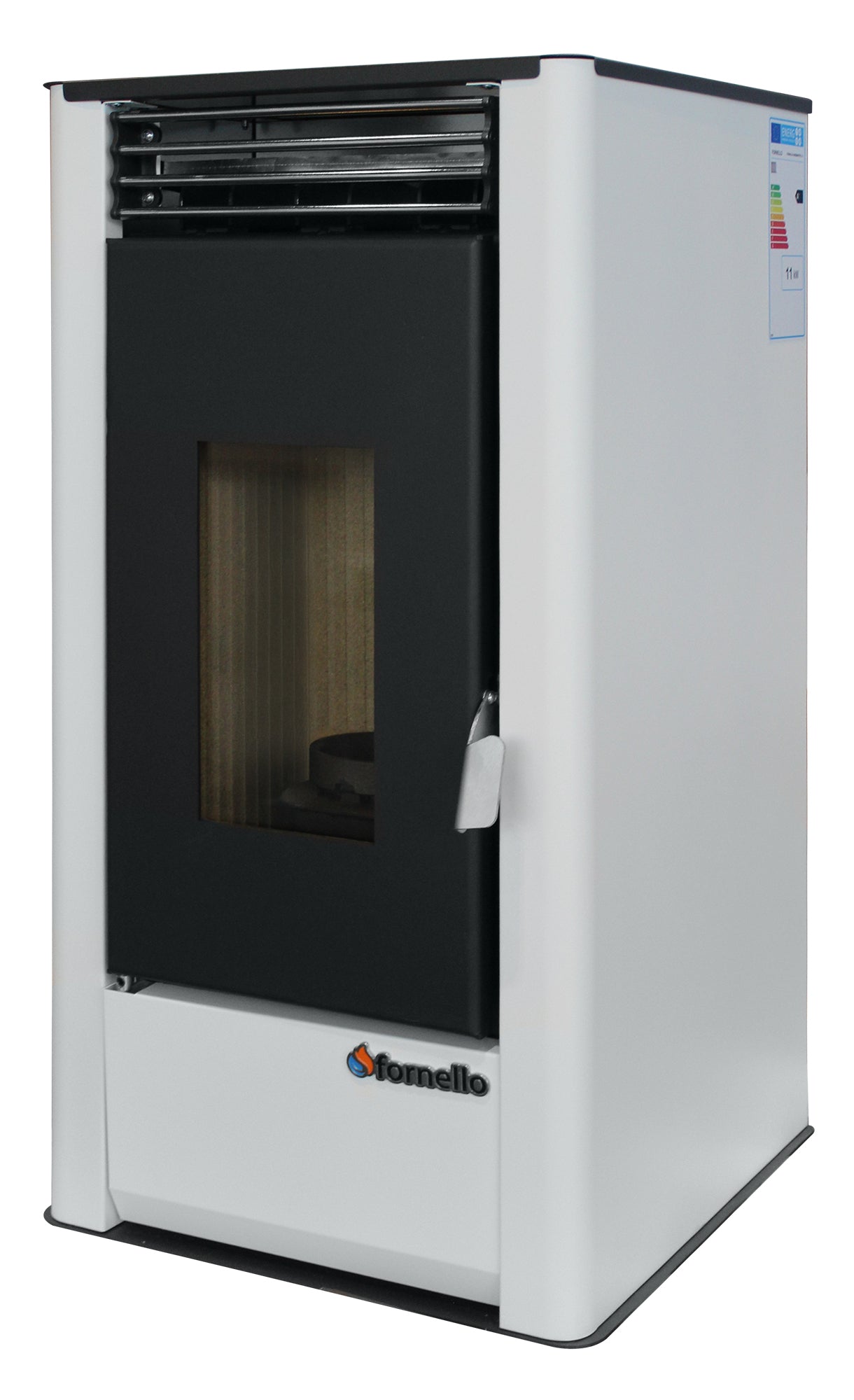 Pachet complet pentru incalzire Semineu (Soba) pe Peleti cu aer cald Fornello Air SmartPell 11 KW, culoare White, termostat ambiental, aspirator de cenusa si kit de evacuare 2,5 metri