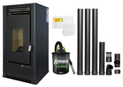 Pachet complet pentru incalzire Semineu (Soba) pe Peleti cu aer cald Fornello Air SmartPell 11 KW, culoare Black, termostat ambiental, aspirator de cenusa si kit de evacuare 3,5 metri
