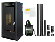 Pachet complet pentru incalzire Semineu (Soba) pe Peleti cu aer cald Fornello Air SmartPell 11 KW, culoare Black, termostat ambiental, aspirator de cenusa si kit de evacuare 2,5 metri