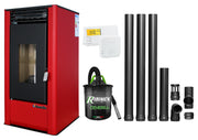 Pachet complet pentru incalzire Semineu (Soba) pe Peleti cu aer cald Fornello Air SmartPell 11 KW, culoare Bordeaux, termostat ambiental, aspirator de cenusa si kit de evacuare 3,5 metri