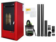 Pachet complet pentru incalzire Semineu (Soba) pe Peleti cu aer cald Fornello Air SmartPell 11 KW, culoare Bordeaux, termostat ambiental, aspirator de cenusa si kit de evacuare 2,5 metri