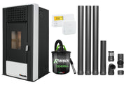 Pachet complet pentru incalzire Semineu (Soba) pe Peleti cu aer cald Fornello Magnesia 9 KW, culoare White, termostat ambiental, aspirator de cenusa si kit de evacuare 3,5 metri