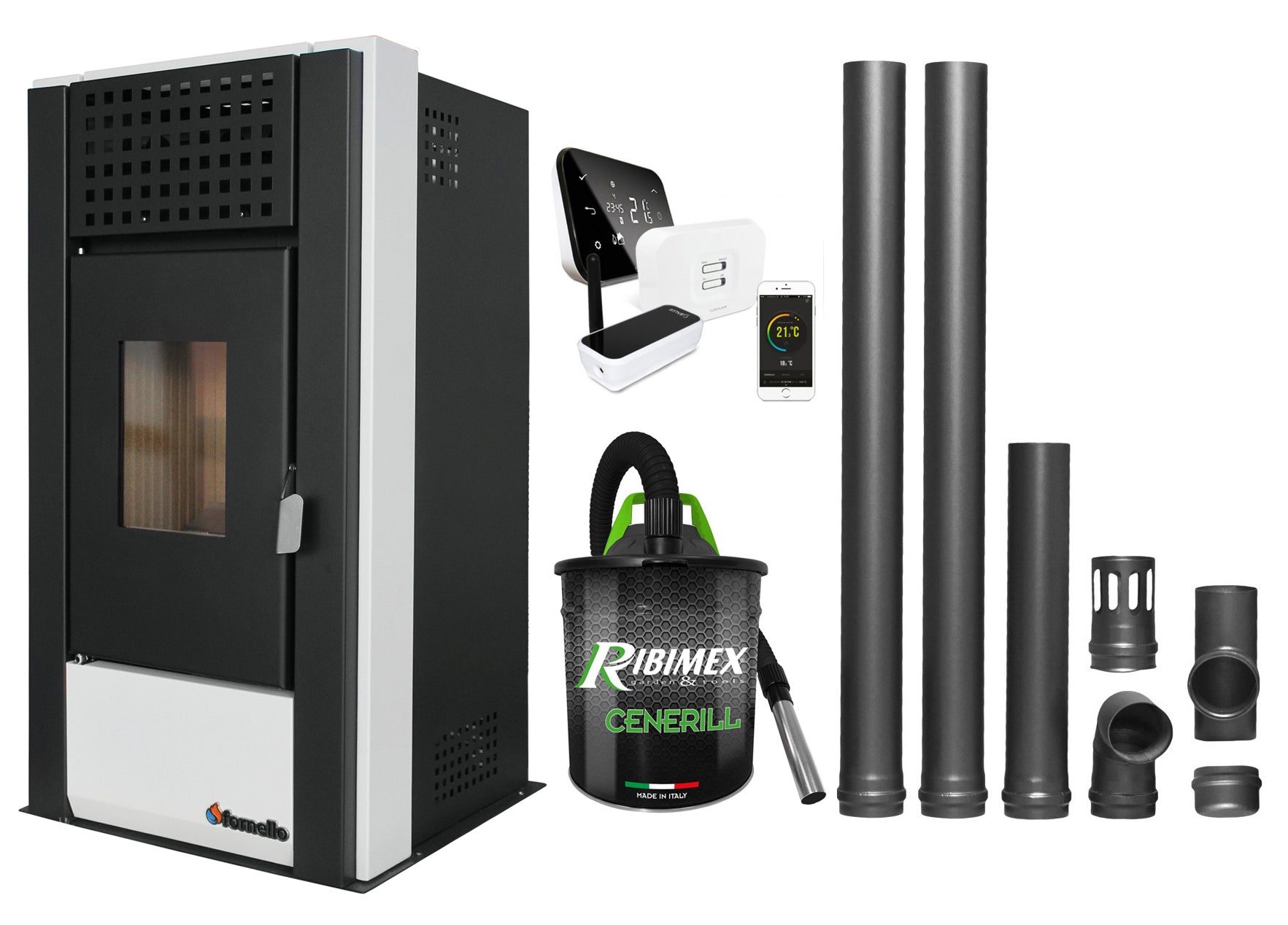 Pachet complet pentru incalzire cu control de la distanta format din Semineu (Soba) pe Peleti cu aer cald Magnesia 9 KW, culoare White, termostat ambiental Salus IT 500, aspirator de cenusa si kit de evacuare 2,5 metri