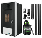 Pachet pentru incalzire Semineu (Soba) pe Peleti cu aer cald Fornello Magnesia 9 KW, culoare White, aspirator de cenusa si kit de evacuare 2,5 metri