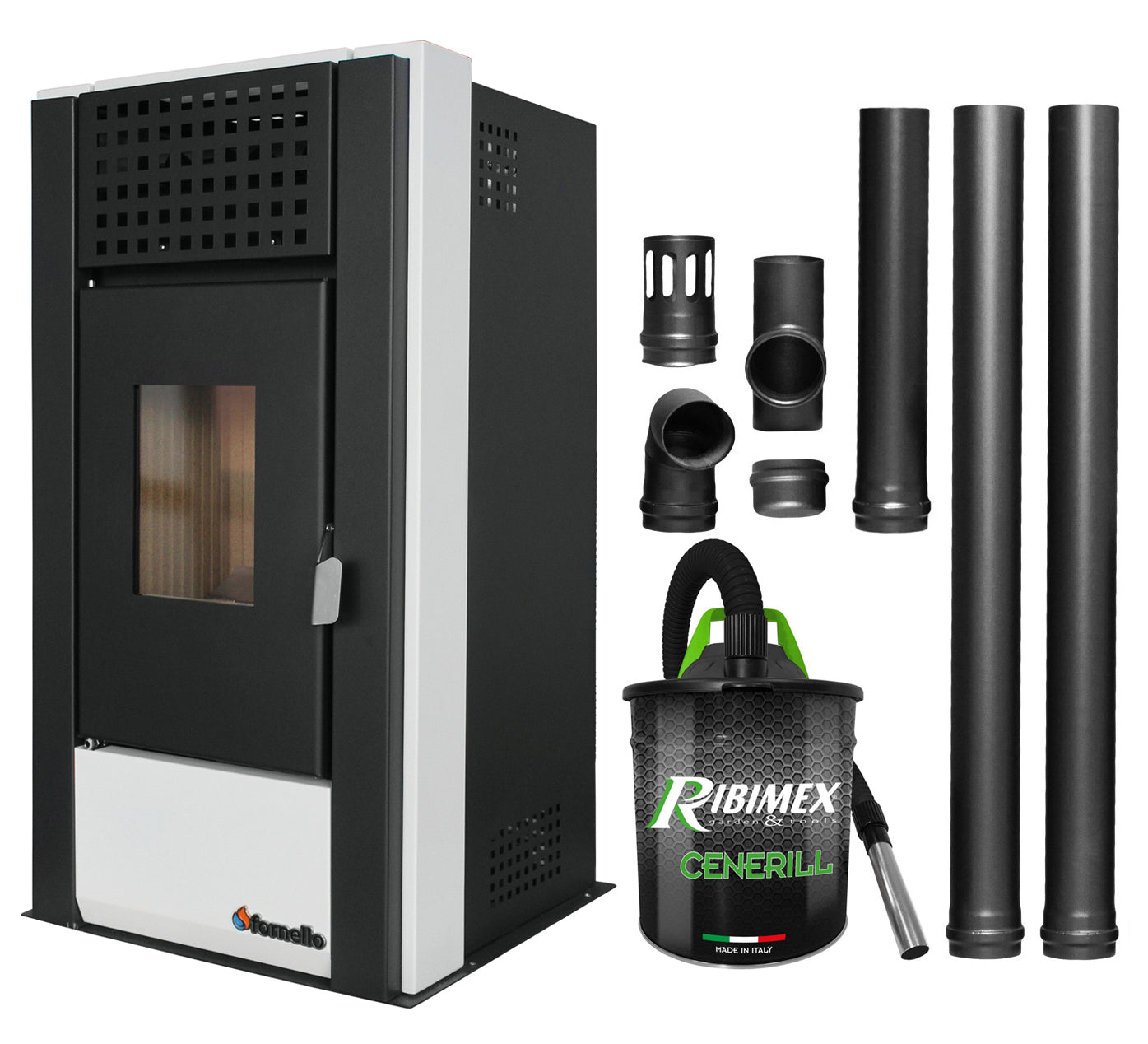 Pachet pentru incalzire Semineu (Soba) pe Peleti cu aer cald Fornello Magnesia 9 KW, culoare White, aspirator de cenusa si kit de evacuare 2,5 metri