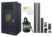 Pachet complet pentru incalzire Semineu (Soba) pe Peleti cu aer cald Fornello Magnesia 9 KW, culoare Black, termostat ambiental, aspirator de cenusa si kit de evacuare 2,5 metri