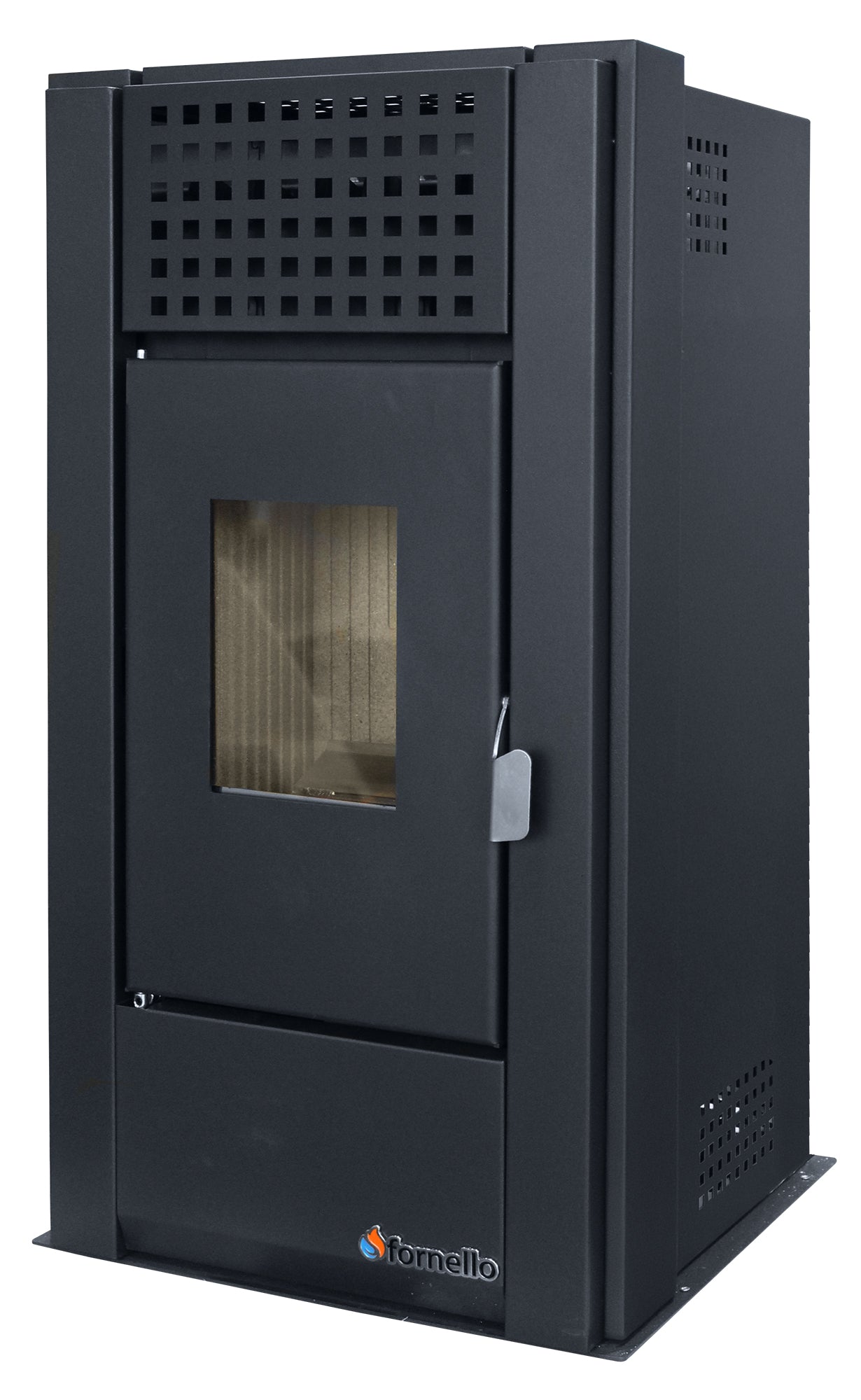 Pachet complet pentru incalzire Semineu (Soba) pe Peleti cu aer cald Fornello Magnesia 9 KW, culoare Black, termostat ambiental, aspirator de cenusa si kit de evacuare 2,5 metri
