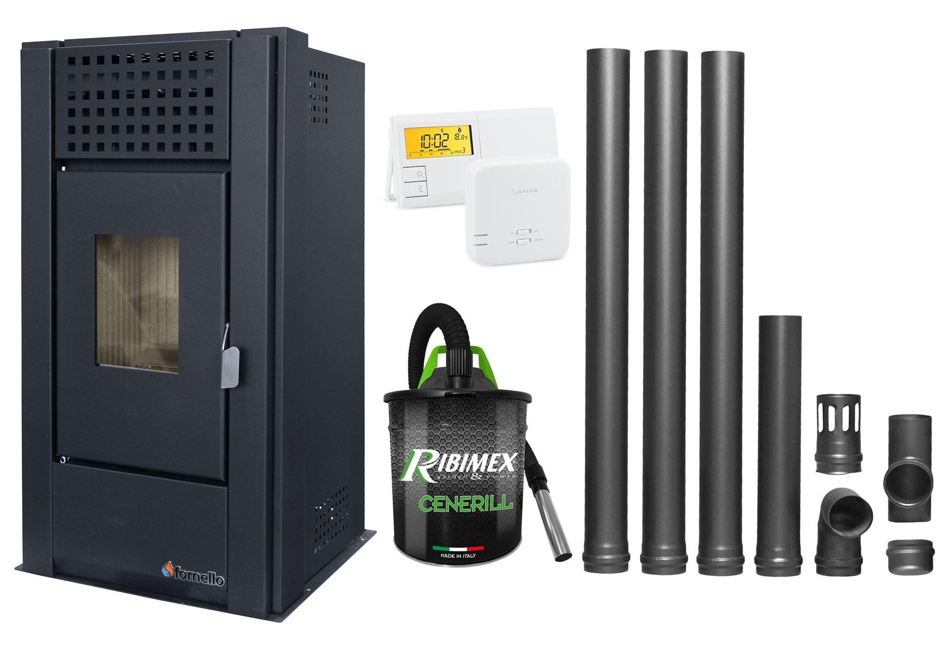 Pachet complet pentru incalzire Semineu (Soba) pe Peleti cu aer cald Fornello Magnesia 9 KW, culoare Black, termostat ambiental, aspirator de cenusa si kit de evacuare 3,5 metri