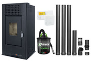 Pachet complet pentru incalzire Semineu (Soba) pe Peleti cu aer cald Fornello Magnesia 9 KW, culoare Black, termostat ambiental, aspirator de cenusa si kit de evacuare 3,5 metri