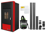 Pachet complet pentru incalzire Semineu (Soba) pe Peleti cu aer cald Fornello Magnesia 9 KW, culoare Bordeaux, termostat ambiental, aspirator de cenusa si kit de evacuare 2,5 metri