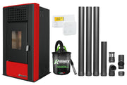 Pachet complet pentru incalzire Semineu (Soba) pe Peleti cu aer cald Fornello Magnesia 9 KW, culoare Bordeaux, termostat ambiental, aspirator de cenusa si kit de evacuare 3,5 metri