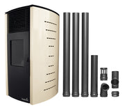 Pachet complet pentru incalzire Semineu (soba) pe peleti cu tiraj fortat Fornello Stela 10 KW, include ventilator aer cald, aprindere electrica, telecomanda, recomandat pentru 100 mp, Ivory, cu kit de evacuare 3,5 metri