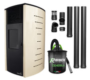 Pachet complet pentru incalzire Semineu (soba) pe peleti cu tiraj fortat Fornello Stela 10 KW, include ventilator aer cald, aprindere electrica, telecomanda, recomandat pentru 100 mp, Ivory, aspirator de cenusa si kit de evacuare 2,5 metri