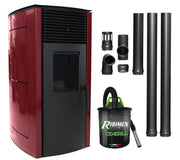 Pachet complet pentru incalzire Semineu (soba) pe peleti cu tiraj fortat Fornello Stela 10 KW, include ventilator aer cald, aprindere electrica, telecomanda, recomandat pentru 100 mp, Bordeaux, aspirator de cenusa si kit de evacuare 2,5 metri