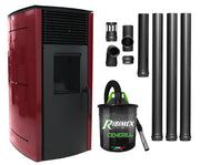 Pachet complet pentru incalzire Semineu (soba) pe peleti cu tiraj fortat Fornello Stela 10 KW, include ventilator aer cald, aprindere electrica, telecomanda, recomandat pentru 100 mp, Bordeaux, aspirator de cenusa si kit de evacuare 3,5 metri