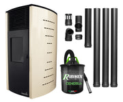 Pachet complet pentru incalzire Semineu (soba) pe peleti cu tiraj fortat Fornello Stela 10 KW, include ventilator aer cald, aprindere electrica, telecomanda, recomandat pentru 100 mp, Ivory, aspirator de cenusa si kit de evacuare 3,5 metri